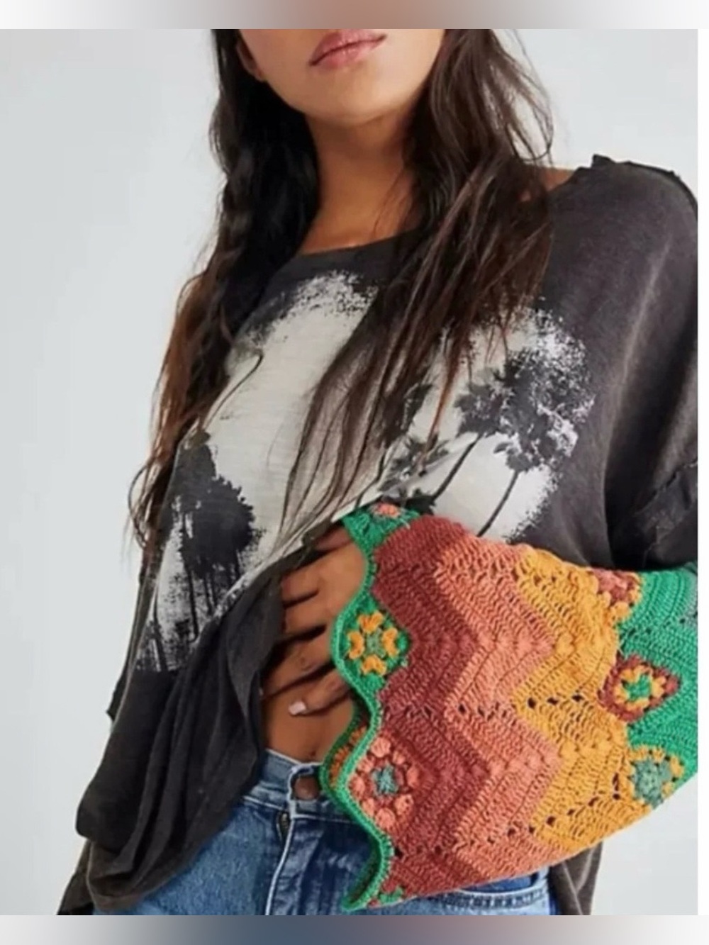 We the Free People So Edgy Tee Oversized Slouchy Crochet Sleeve XS Small RARE - Picture 2 of 14